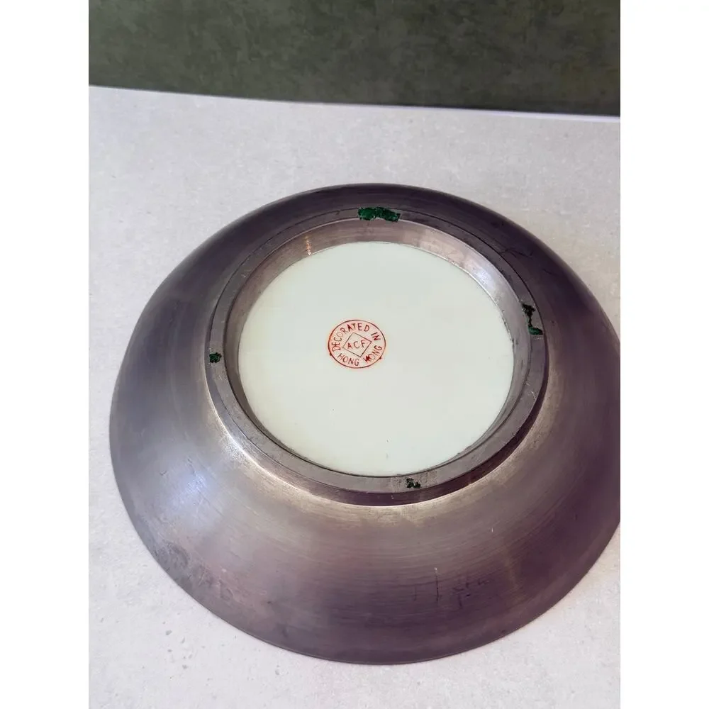 Vintage ACF Pewter Encased Porcelain Bowl Yellow Famille Rose Hong Kong 8 Inch